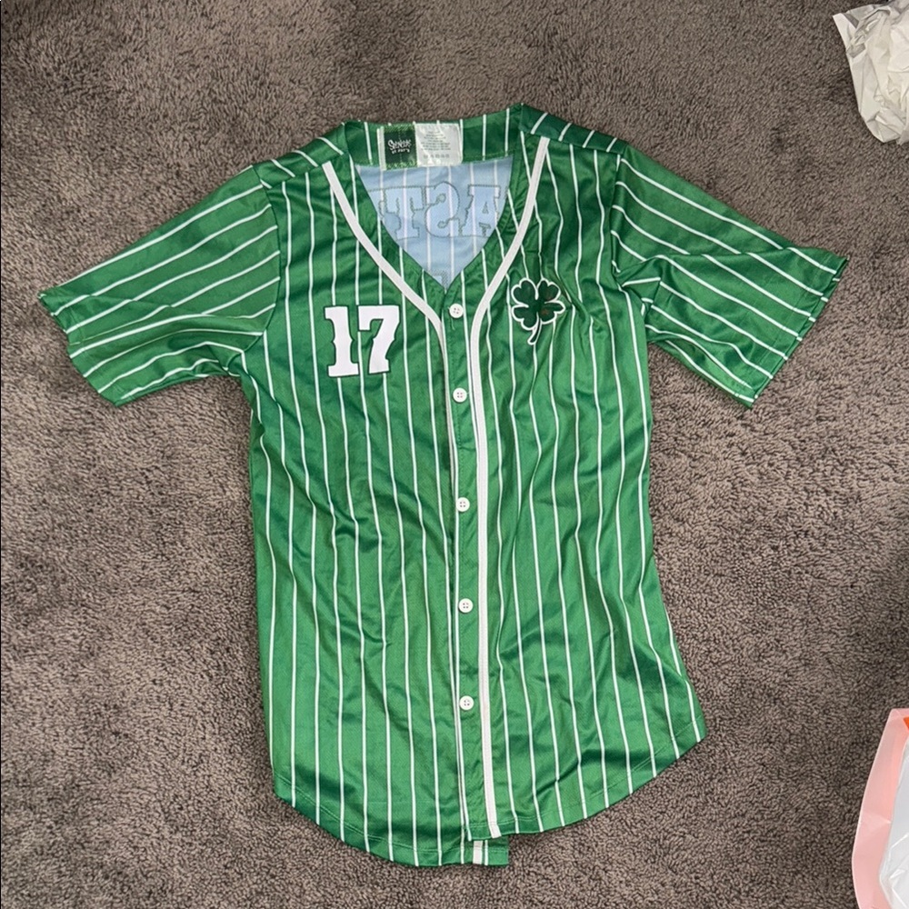 Spencer's Green and White Baseball Jersey with Vertical Pinstripes and Number 17